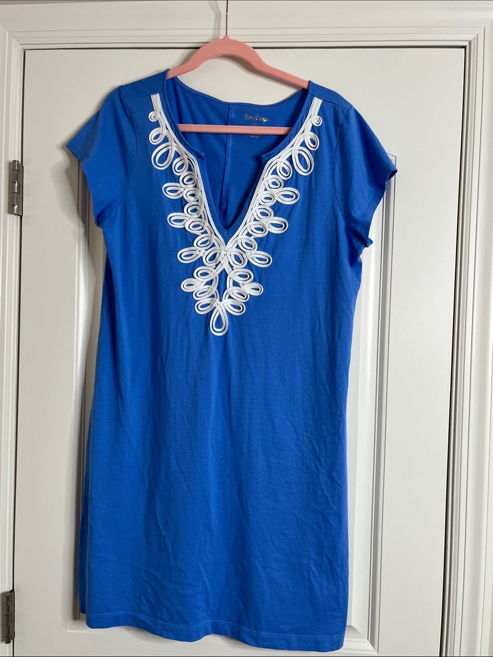 Lily Pulitzer-Vibrant Blue Brewster Tunic Dress with White Embroidered V-Neck-XL